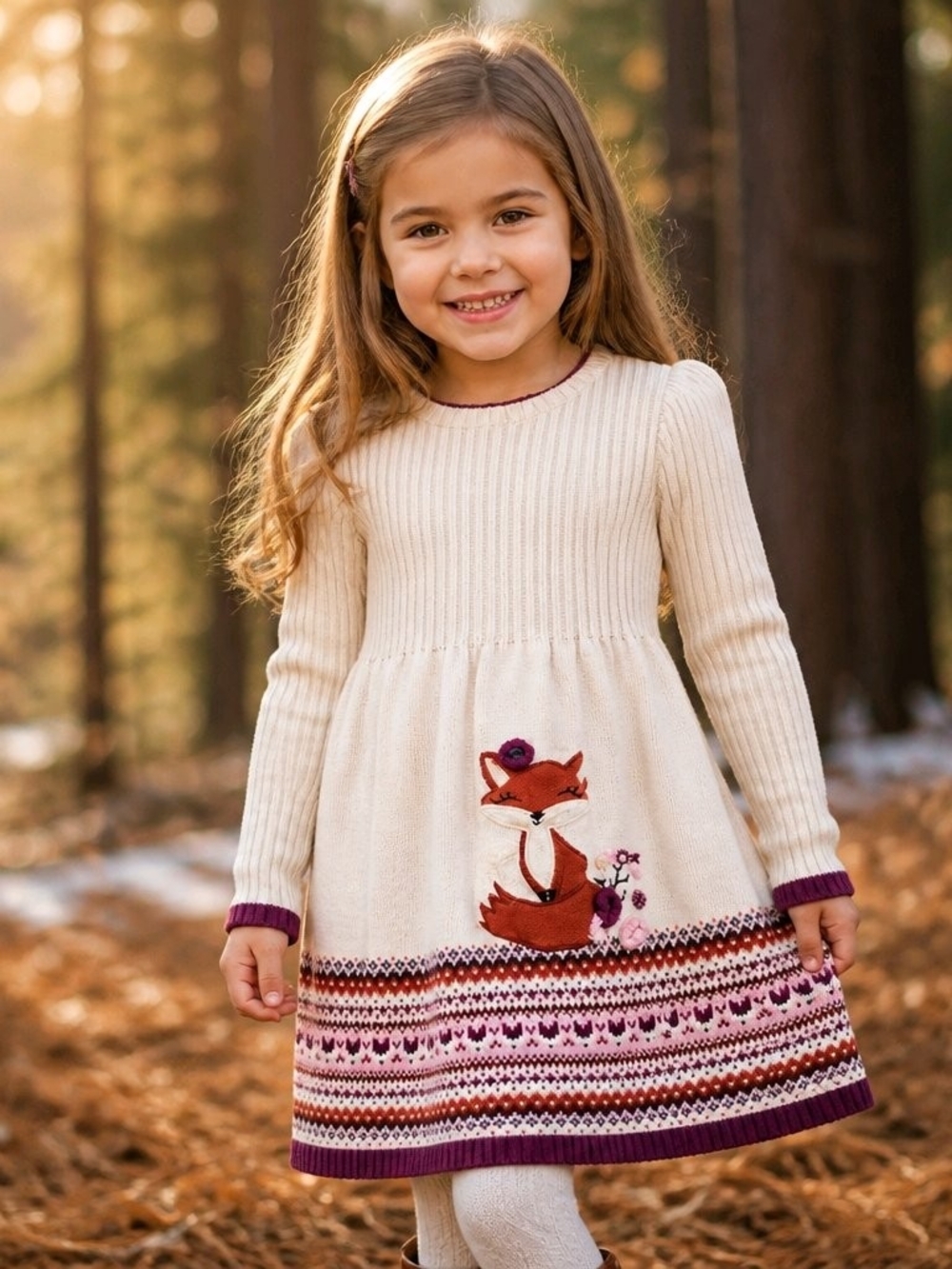 Cream Knit Girls Dress with Fox Applique and Purple Trim